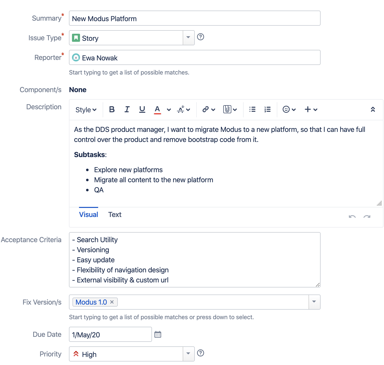 Jira Story Example